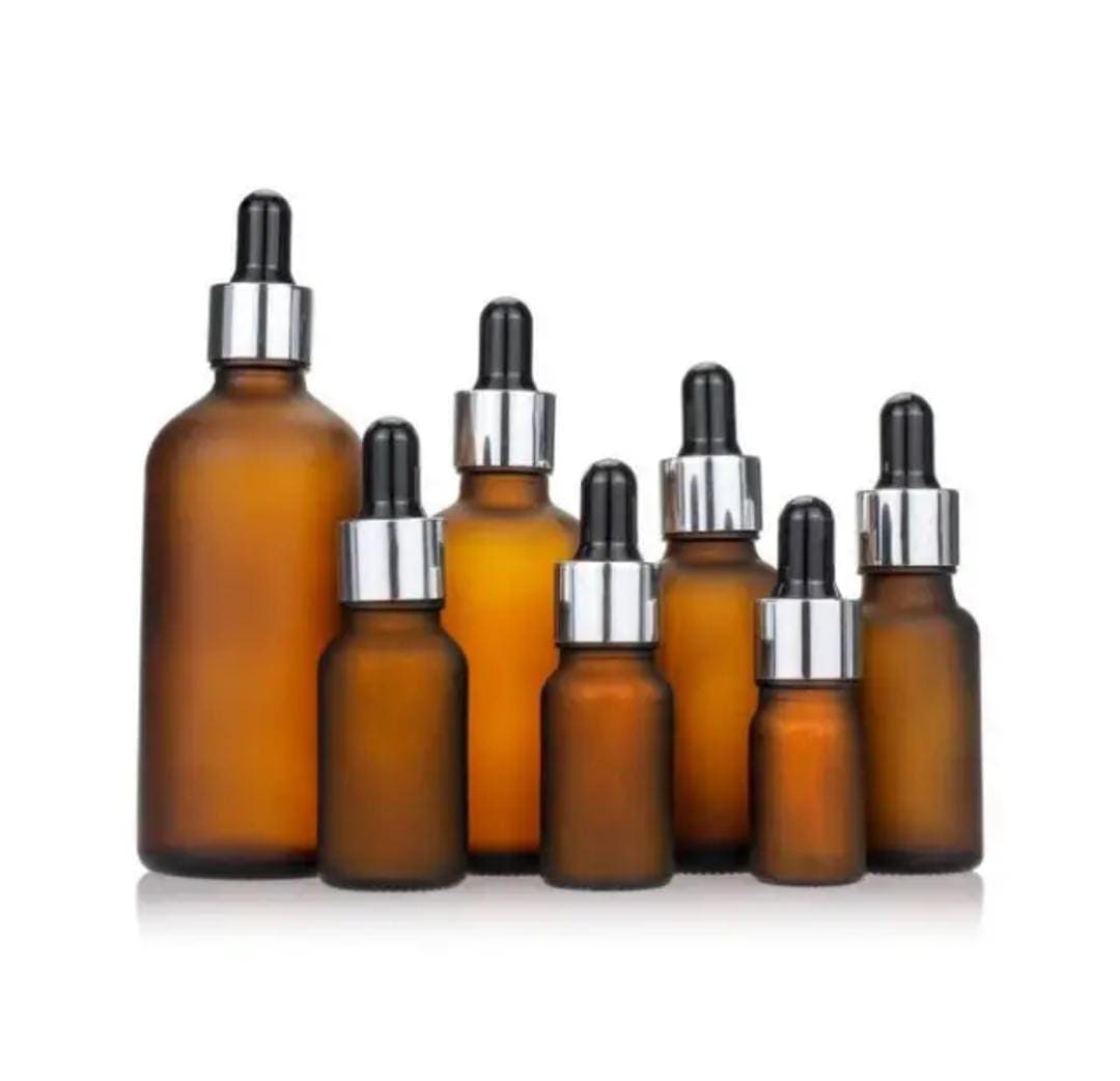 Flacon Marron Ambré Compte-Goutte En Verre De 10ml a 100ml Avec Bouchon Argenté-Noir